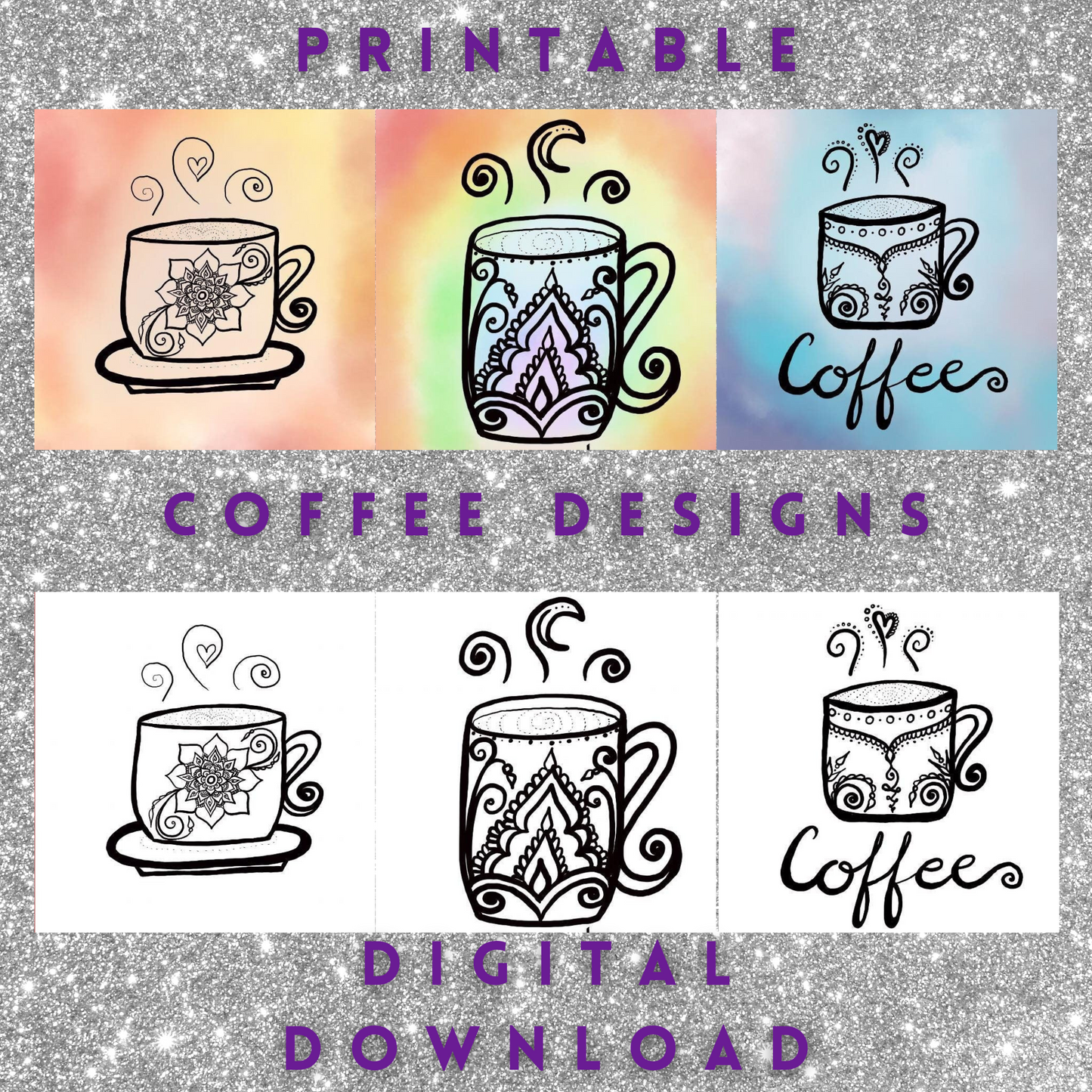 Coffee Mandala Magic Printable Poster Pack | 3 Freehand Drawings | Chakra color| PDF Instant Digital Download | Home and Kitchen Wall Art