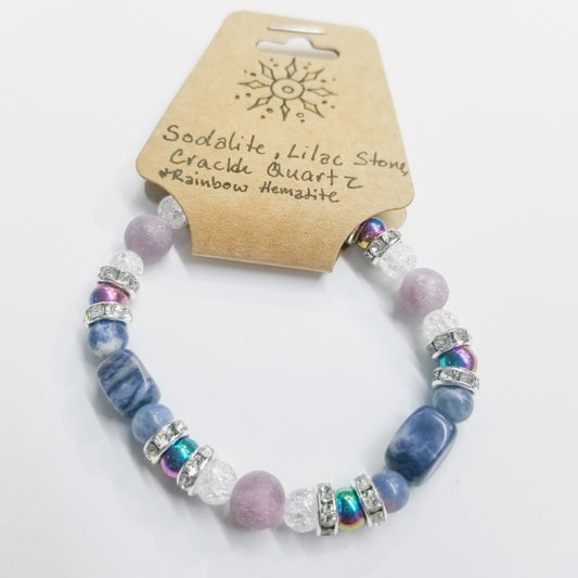 Sodalite, Lilac Stone, Crackle Quartz & Rainbow Hematite Crystal Bracelet