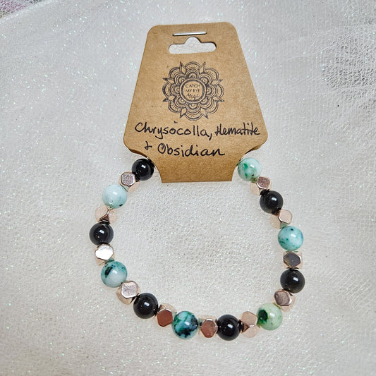 Chrysocolla, Rose Gold Hematite & Obsidian Crystal Bracelet