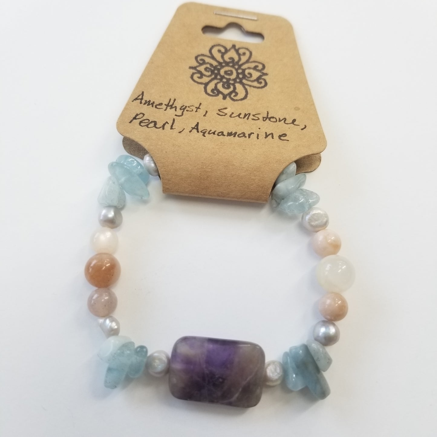 Amethyst, Sunstone, Pearl & Aquamarine Crystal Bracelet
