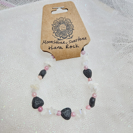 Moonstone, Sunstone & Lava Rock Crystal Bracelet
