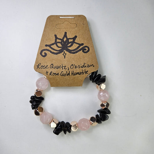 Rose Quartz, Obsidian & Rose Gold Hematite Crystal Bracelet