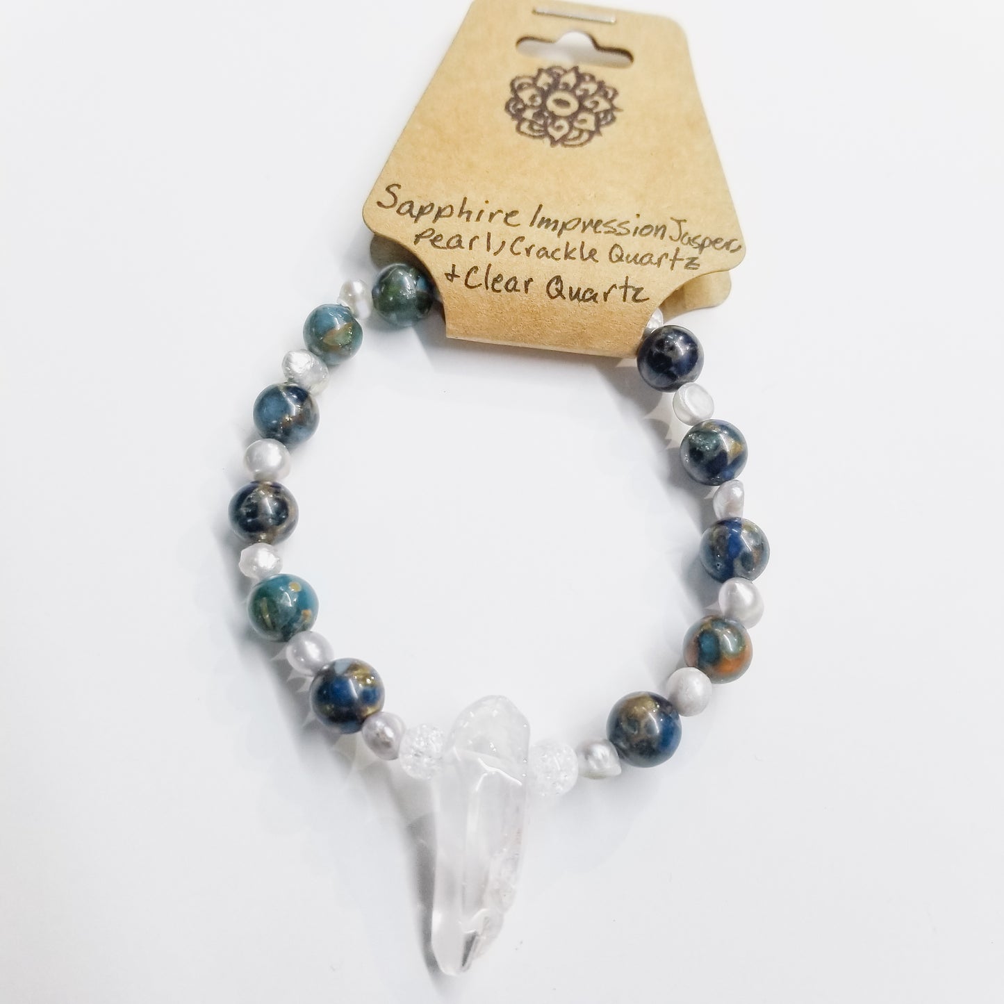Sapphire Impression Jasper, Pearl, Clear Quartz & Crackle Quartz Crystal Bracelet