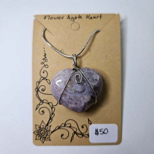 Flower Agate Heart Handwrapped Necklace