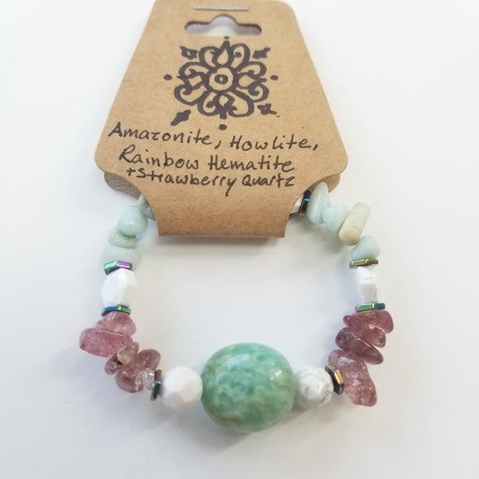 Amazonite, Howlite, Rainbow Hematite & Strawberey Quartz Crystal Bracelet