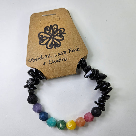 Obsidian, Lava Rock & Chakra Crystal Bracelet