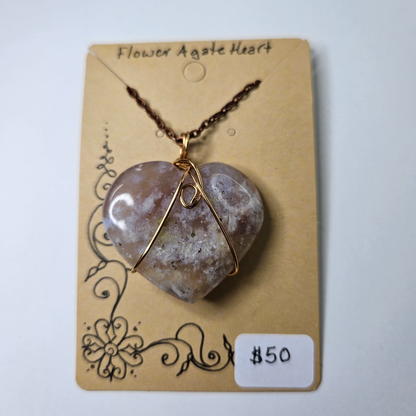 Flower Agate Heart Handwrapped Necklace