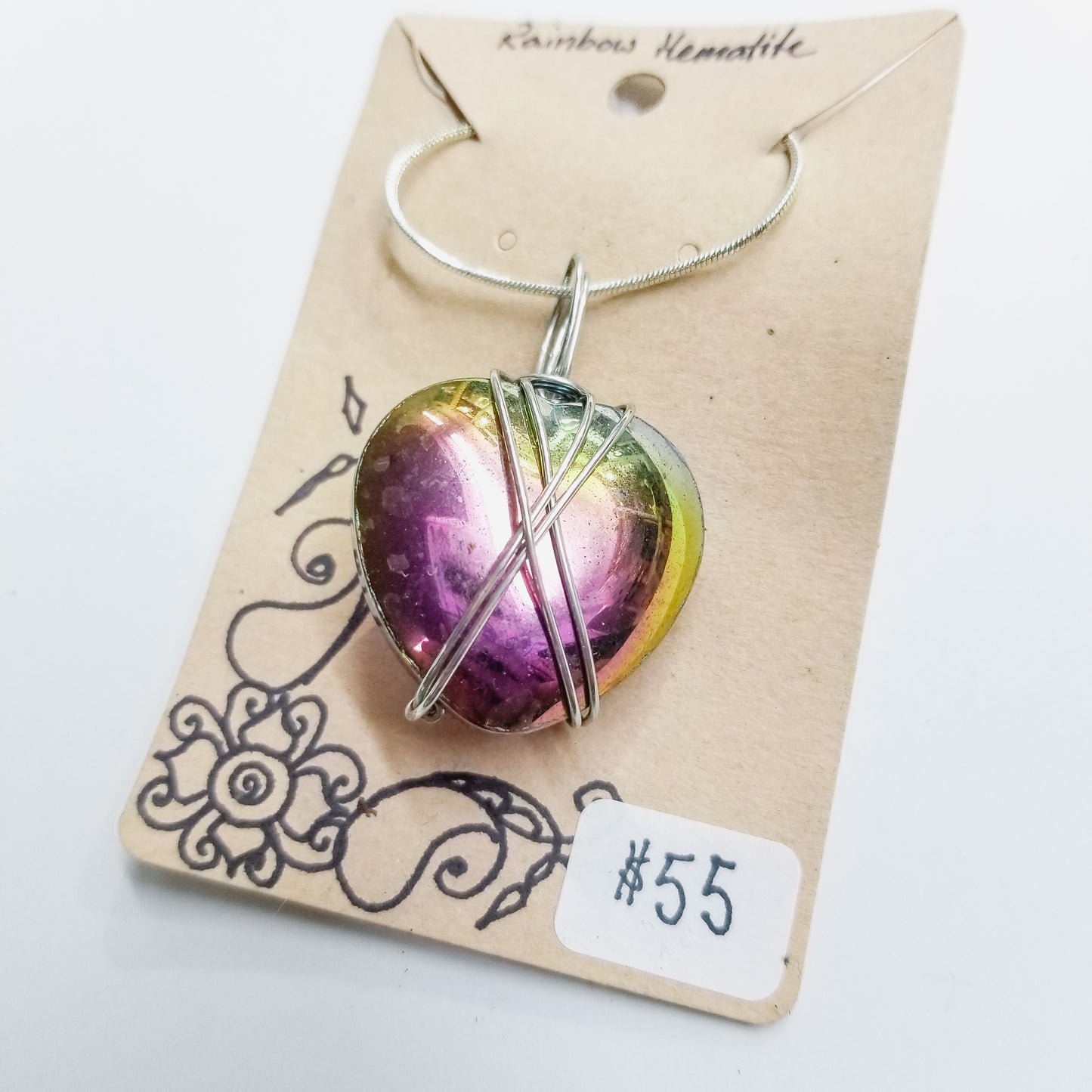 Rainbow Hematite Heart Handwrapped Necklace