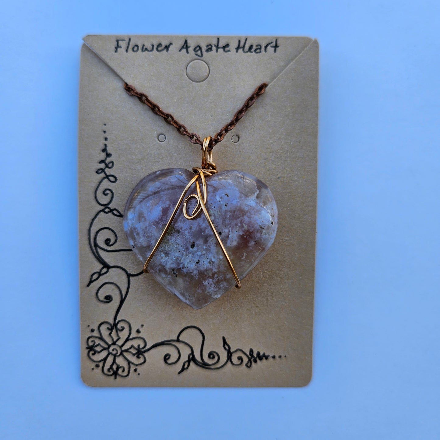 Flower Agate Heart Handwrapped Necklace