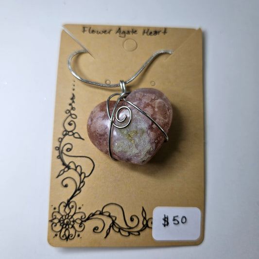 Flower Agate Heart Handwrapped Necklace