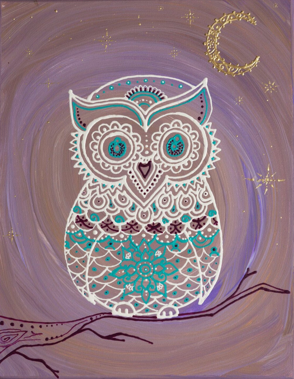 Night Owl 12×15.5" Art 13×16.5" w border l Hand Painted Lavendar, White, Gold Owl Art Print Decor l Owl on Tree Branch l Moon Print