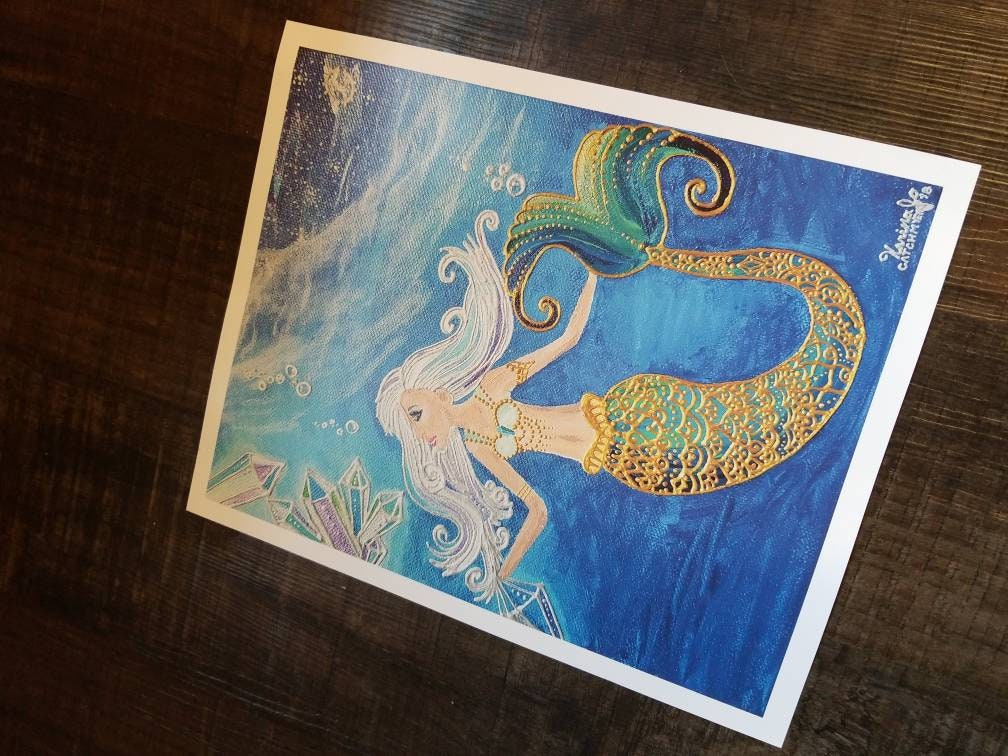 Crystal Mermaid Poster Print l 11×13.5 art 12×14 w border |Acrylic Painting Art Print l Dorm Decor l Art Print l  Ocean Blue l Moon & Sea