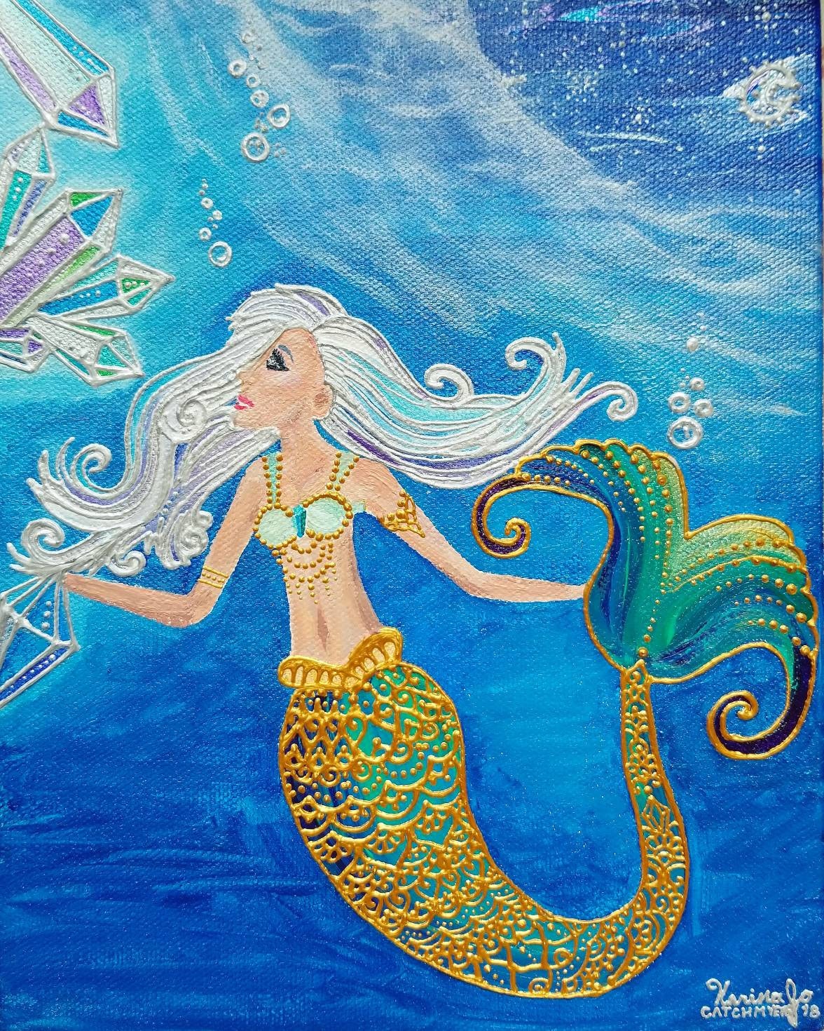 Crystal Mermaid Poster Print l 11×13.5 art 12×14 w border |Acrylic Painting Art Print l Dorm Decor l Art Print l  Ocean Blue l Moon & Sea