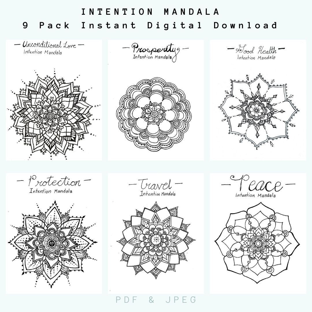 Intention Mandala Printable Poster Pack | 9 Freehand Drawings |Prosperity|Health| PDF Instant Digital Download | Home and Office Wall Art
