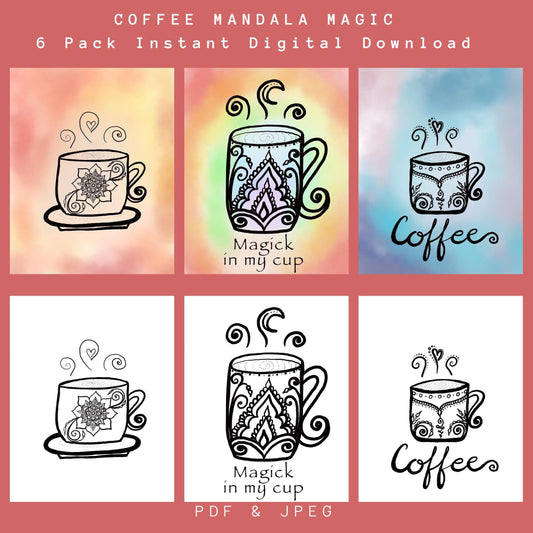 Coffee Mandala Magic Printable Poster Pack | 3 Freehand Drawings | Chakra color| PDF Instant Digital Download | Home and Kitchen Wall Art