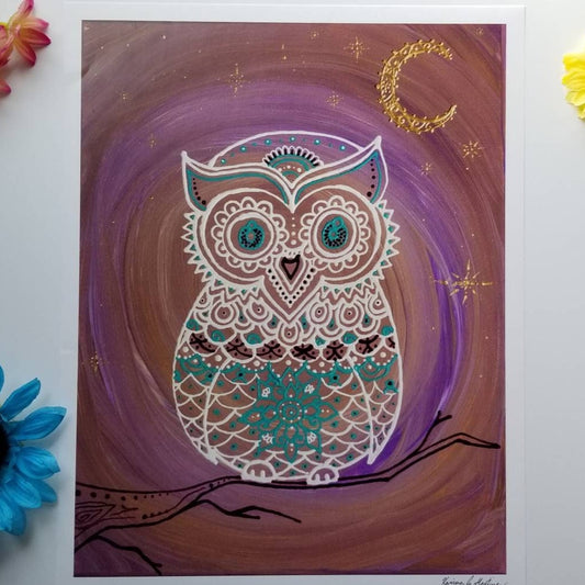 Night Owl 12×15.5" Art 13×16.5" w border l Hand Painted Lavendar, White, Gold Owl Art Print Decor l Owl on Tree Branch l Moon Print