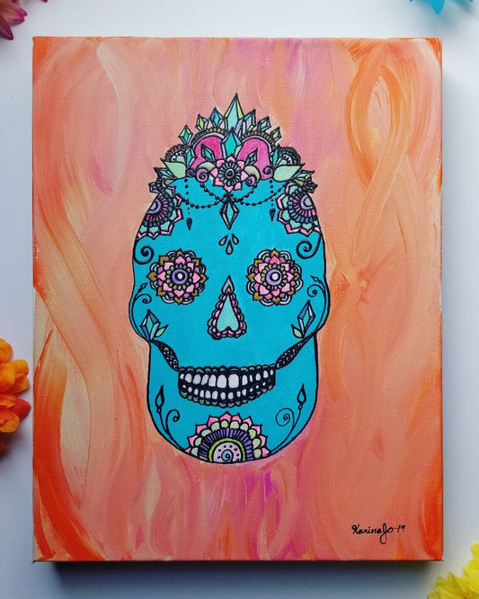 Crystal Empress Sugar Skull Original Acrylic Painting| 11×14 Original Canvas | pink & blue Freehand Art | Home Decor| Reiki Blessed