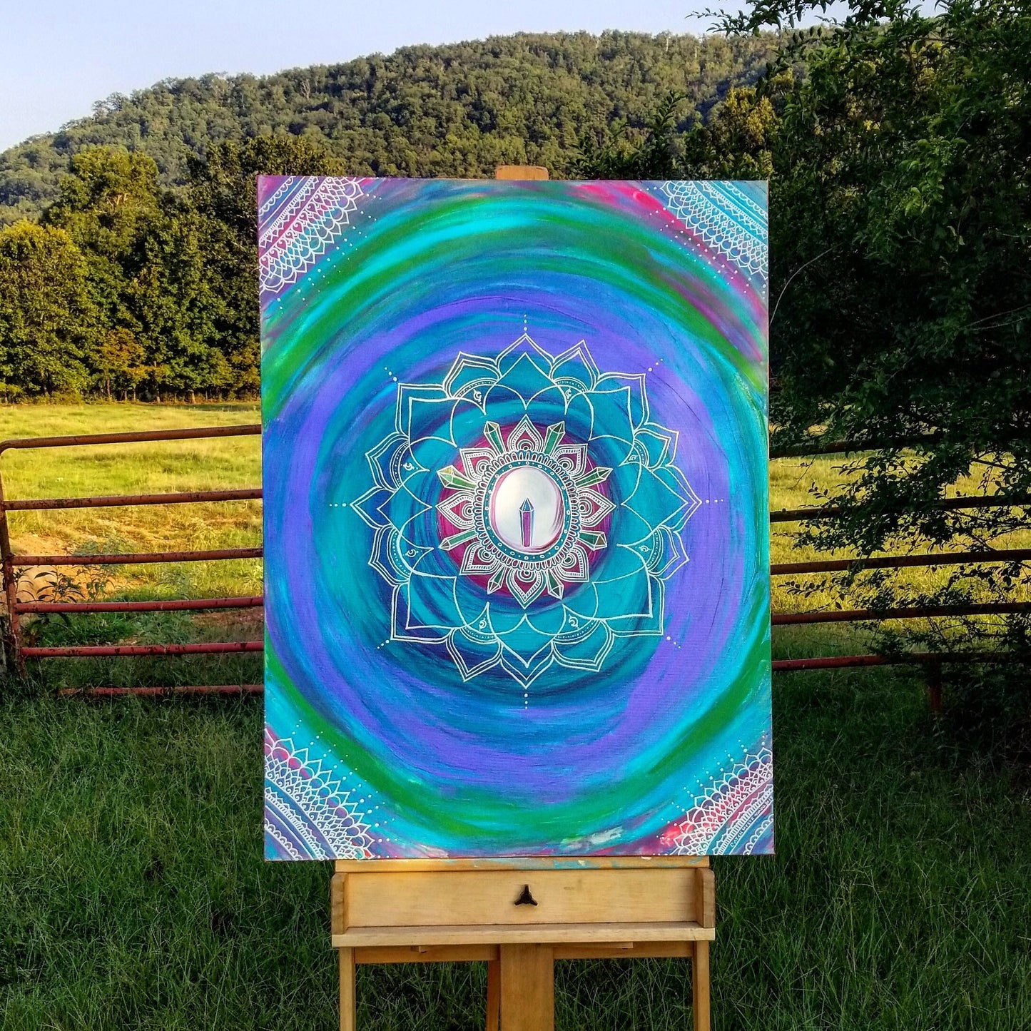Neon Crystal Mandala Original Acrylic Painting 24x36” | Henna Inspired Reiki Blessed Artwork | Intuition, Expression, Communication Healing