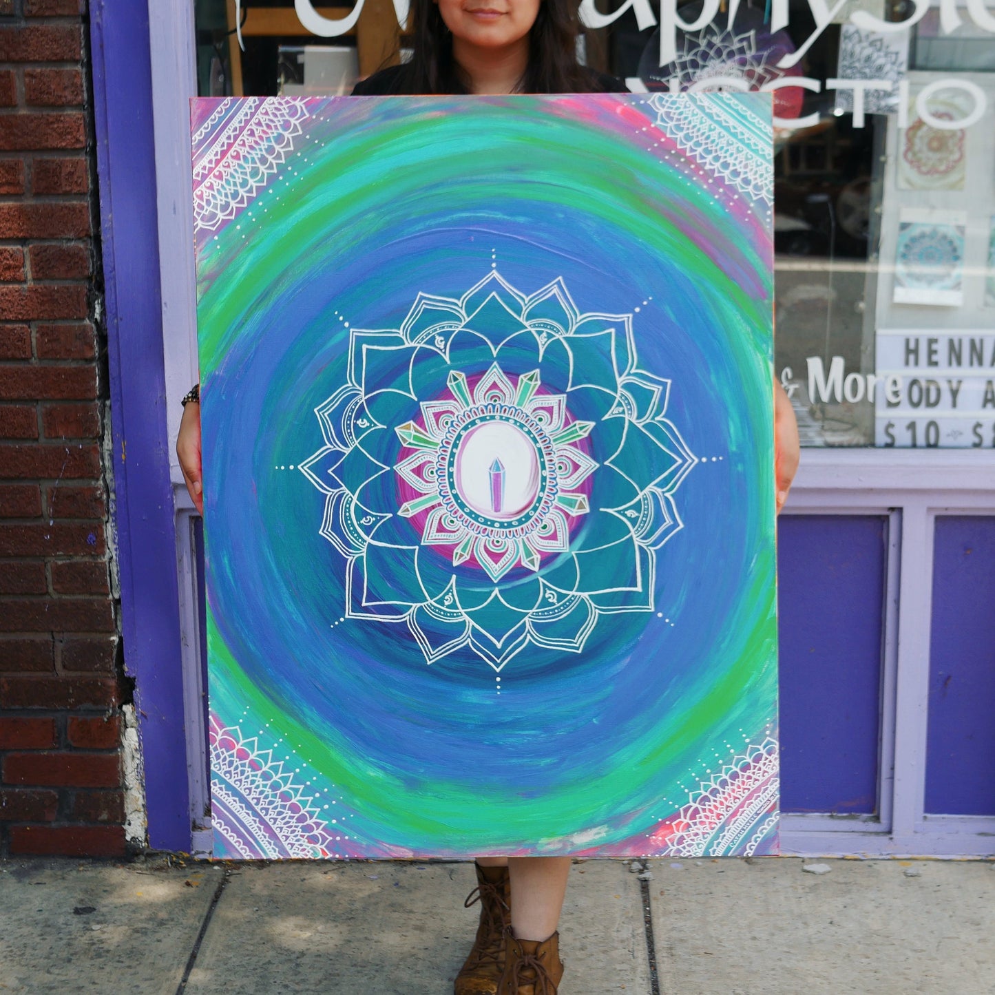Neon Crystal Mandala Original Acrylic Painting 24x36” | Henna Inspired Reiki Blessed Artwork | Intuition, Expression, Communication Healing